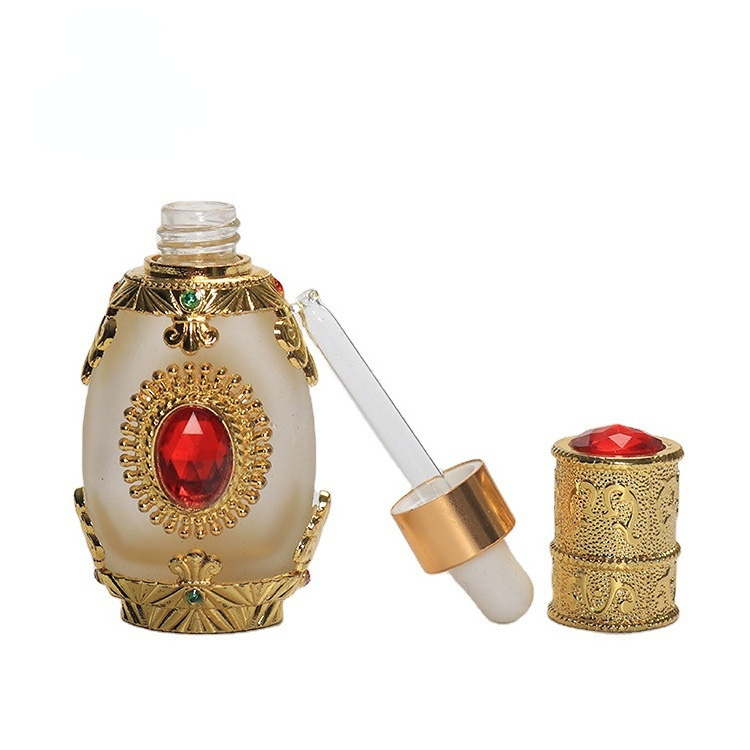 Middle East Dubai Essential Oil Bottle Crystal Perfume Bottle Electroplated Embroidery Dropper Bottle 3ml Metal Cosmetic Glass