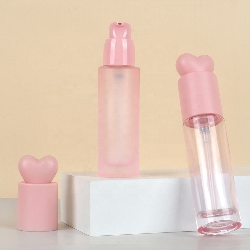 Clear frosted Heart Foundation Liquid Bottle 30ml Cosmetic pink glass dispenser portable travel lotion bottle