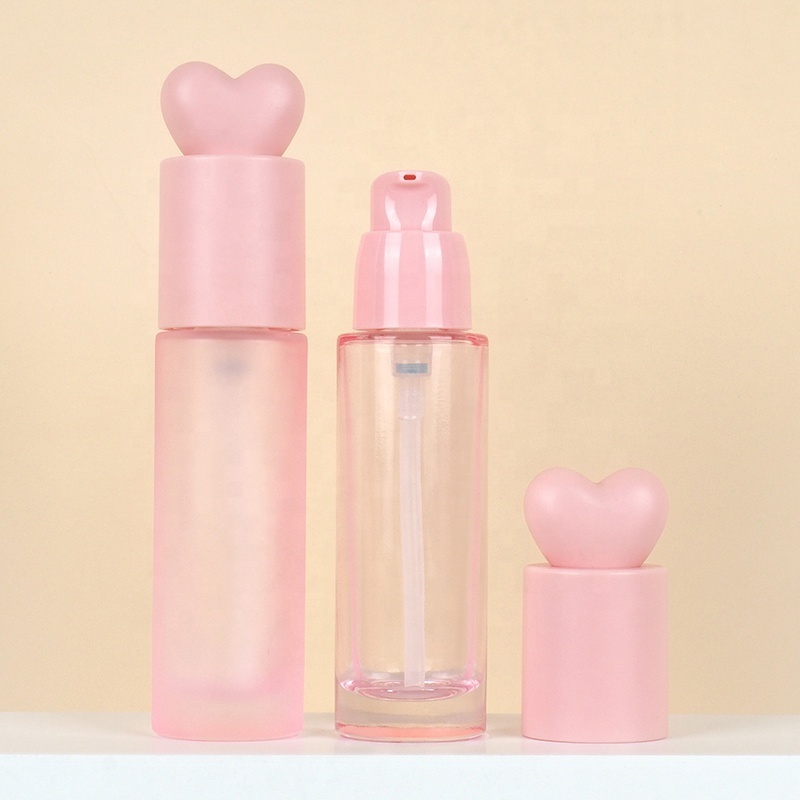 Clear frosted Heart Foundation Liquid Bottle 30ml Cosmetic pink glass dispenser portable travel lotion bottle