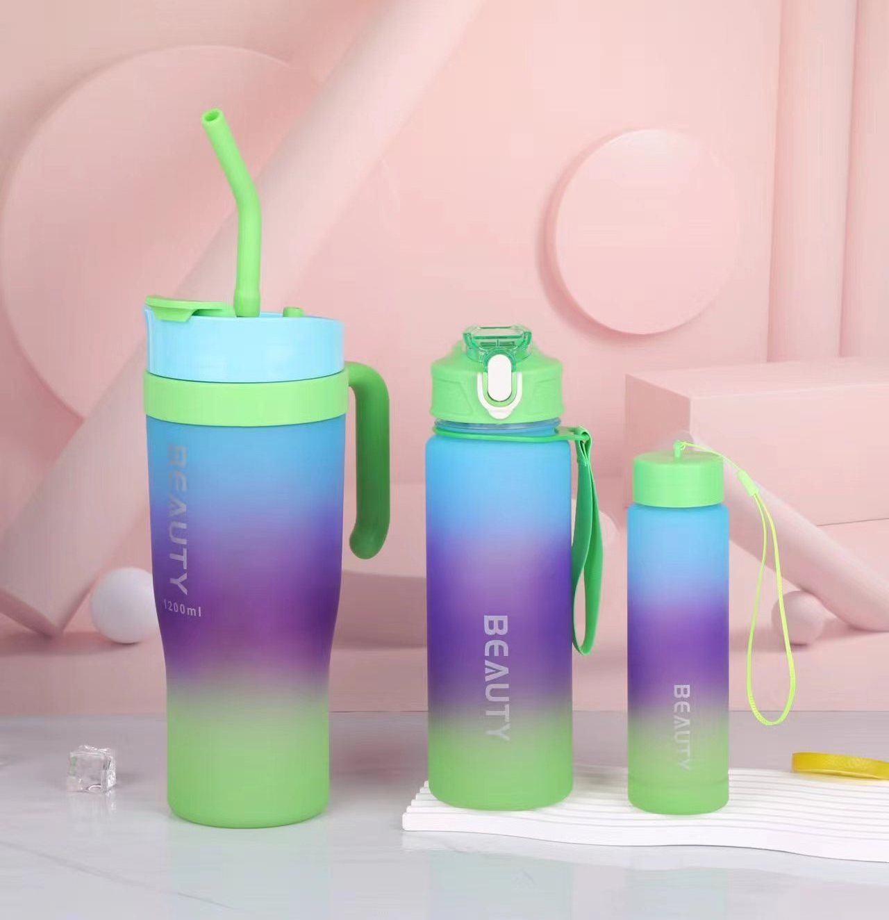 New Design Set Plastic Bottles Plastic 40oz Tumbler 3 In 1 Water Bottle Gradient Sports Gym Drink Bottle With Straw And Handle