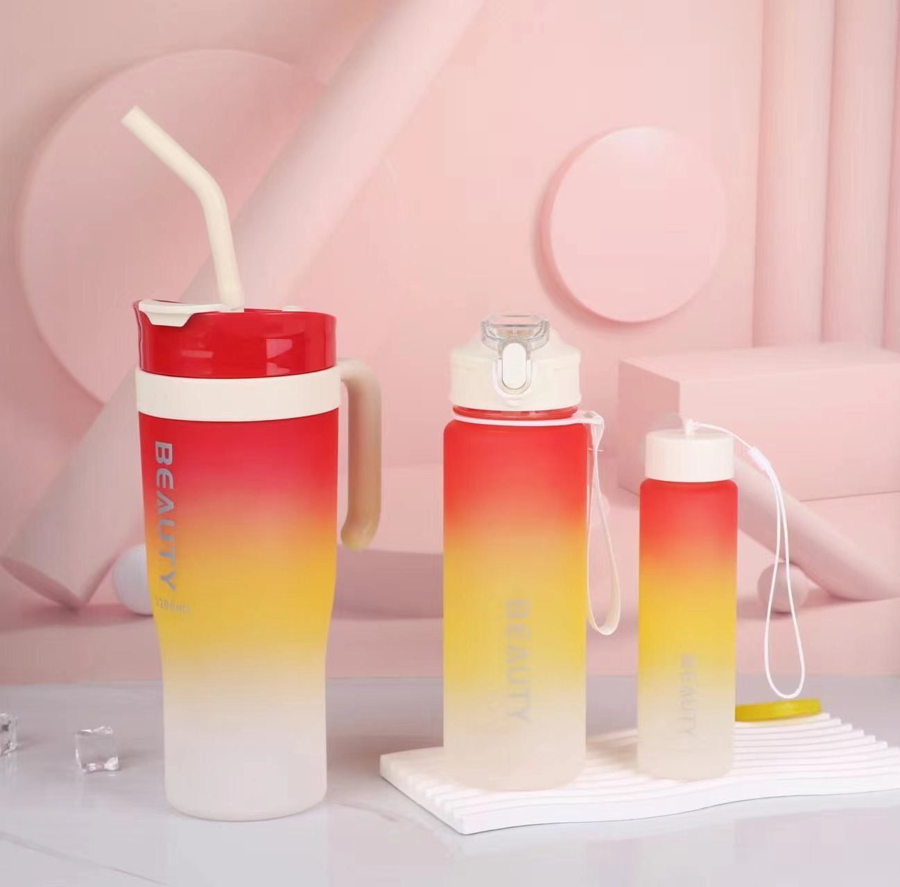 New Design Set Plastic Bottles Plastic 40oz Tumbler 3 In 1 Water Bottle Gradient Sports Gym Drink Bottle With Straw And Handle