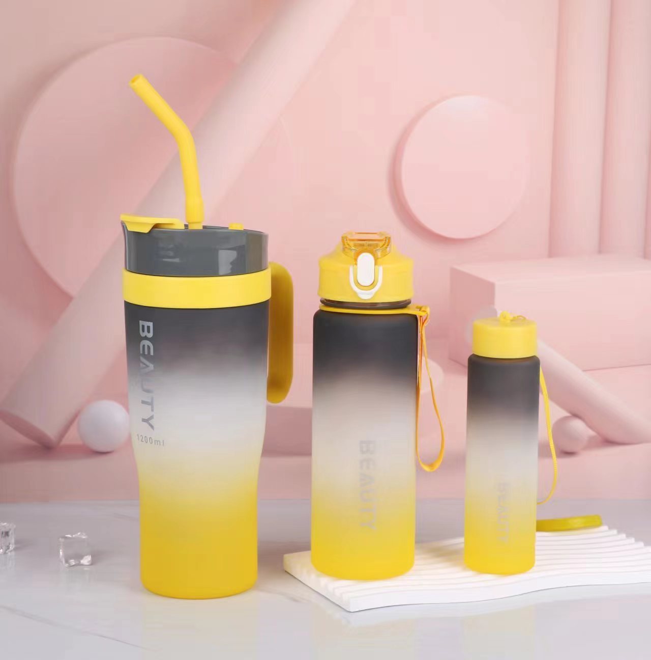 New Design Set Plastic Bottles Plastic 40oz Tumbler 3 In 1 Water Bottle Gradient Sports Gym Drink Bottle With Straw And Handle