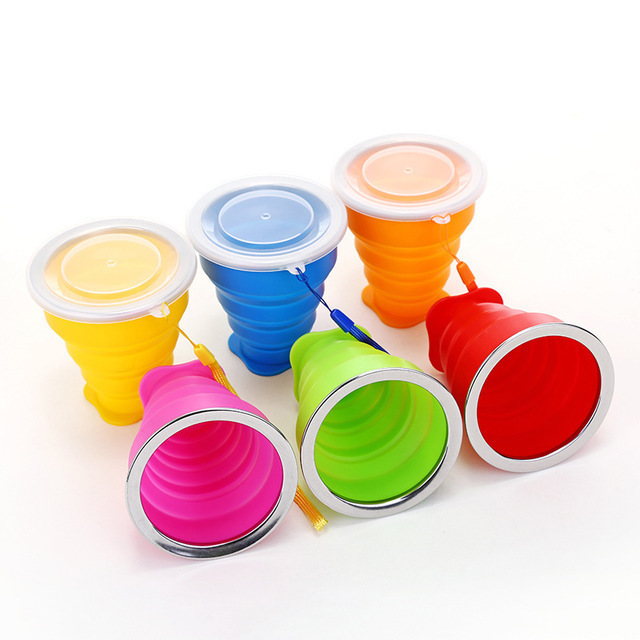 200ml Outdoor Travel Sports Portable Collapsible Water Cup Folding Rubber Drinking Collapsible Silicone Coffee Cup with Lid