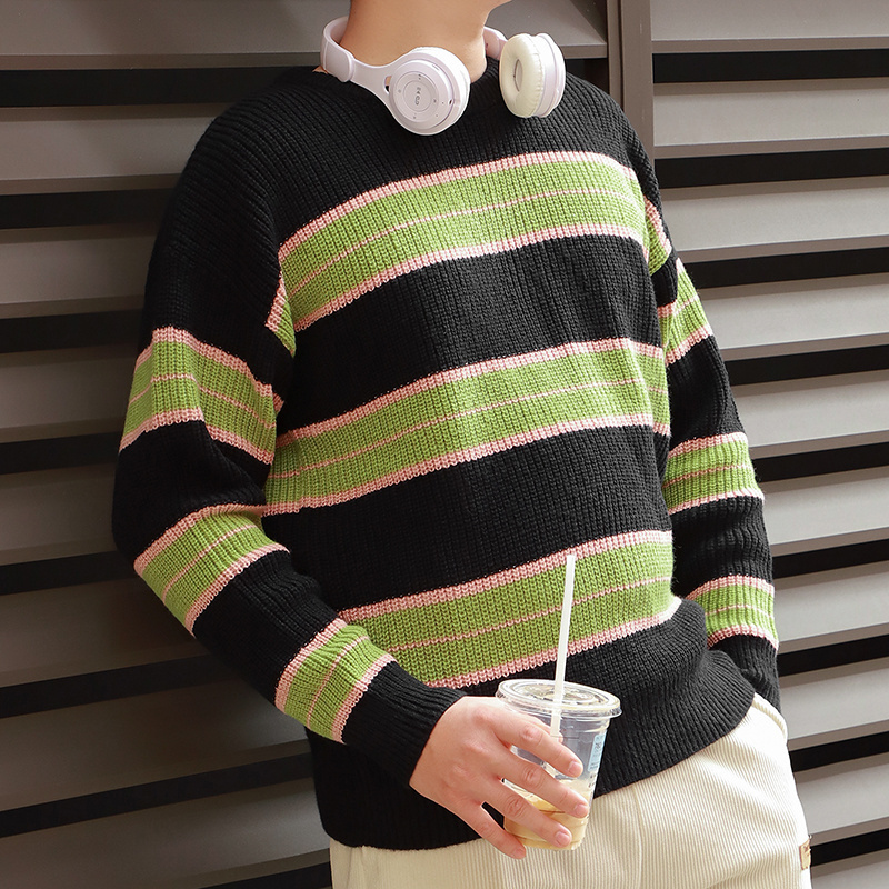 Mimixiong Customized High Quality Men's Striped Jacquard Knitted Shirt Classic Retro Trendy Men's Long sleeved Knitted Pullover