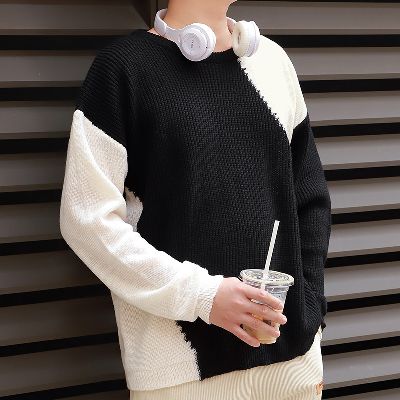 Mimixiong Black And White Patchwork Sweater Dovfanny Woolen Supplier Knitted Pullover Cashmere Men's Sweater For Boys Students