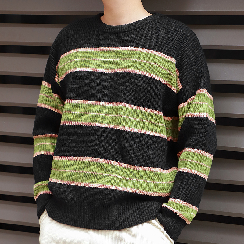 Mimixiong Customized High Quality Men's Striped Jacquard Knitted Shirt Classic Retro Trendy Men's Long sleeved Knitted Pullover