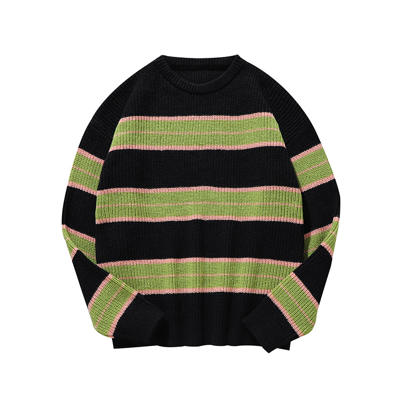 Mimixiong Customized High Quality Men's Striped Jacquard Knitted Shirt Classic Retro Trendy Men's Long sleeved Knitted Pullover