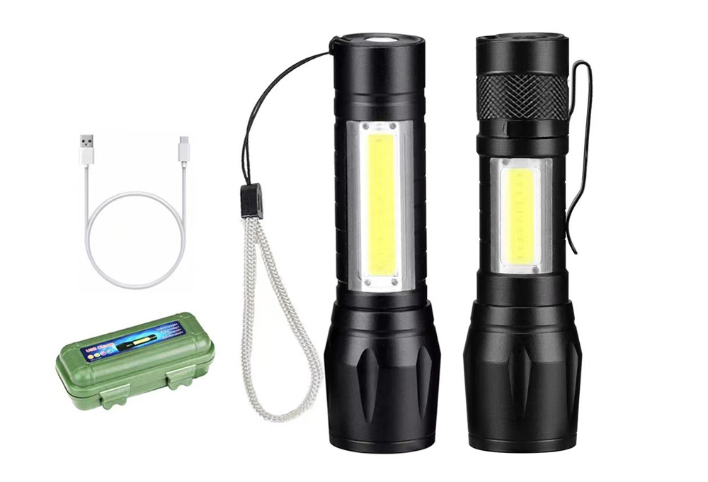 Zoomable Water Resistant 3 Modes Rechargeable Flashlights Handheld Small Mini Led Cob Light