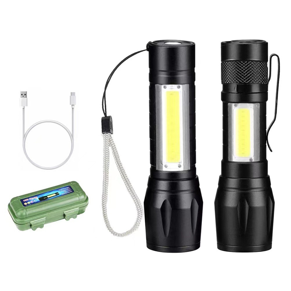 Aluminum Alloy Led Flashlight Rechargeable USB Torch Handheld Tiny Portable Pocket Flash Light with COB Side Searchlight