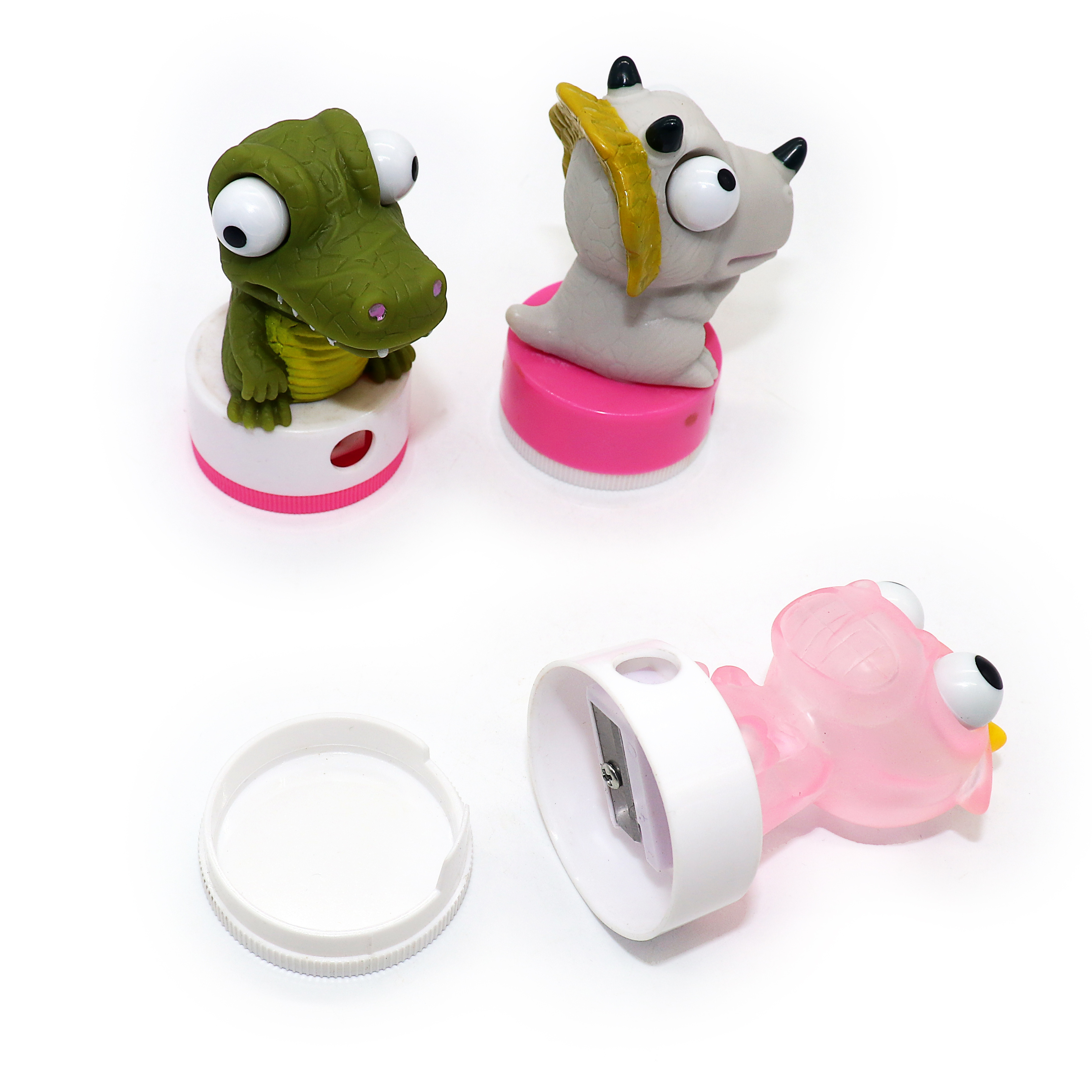 Promotional funny animal plastic pencil sharpener 3d eyes popper animal sharpener topper