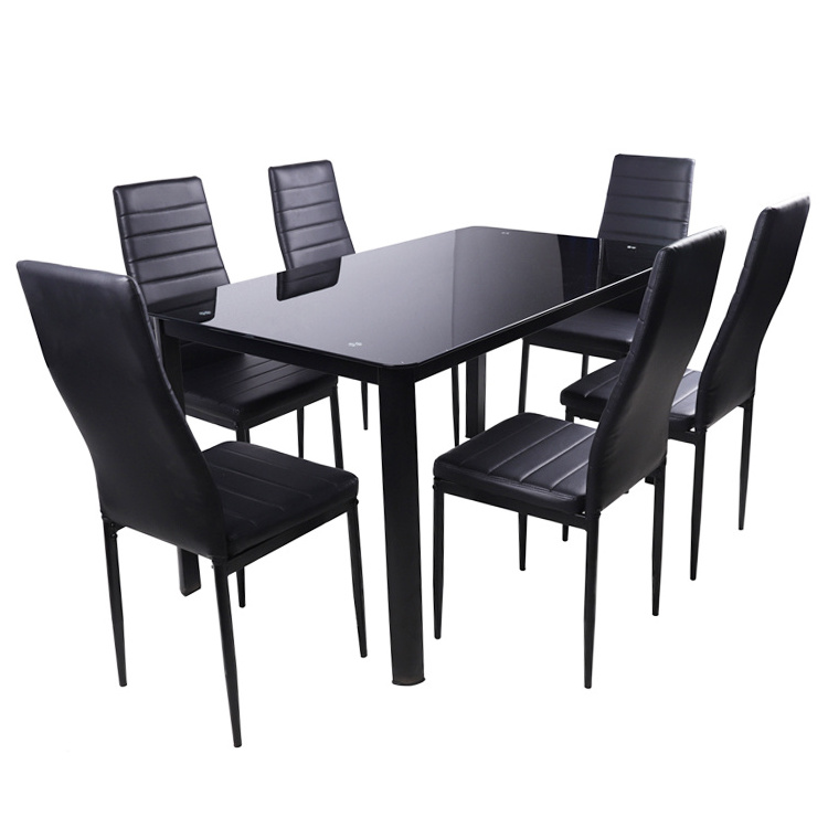 Modern High Quality Dining Room Table Metal Leg Rectangular Square Black Tempered Glass Top Dining Table Set 4 Chairs