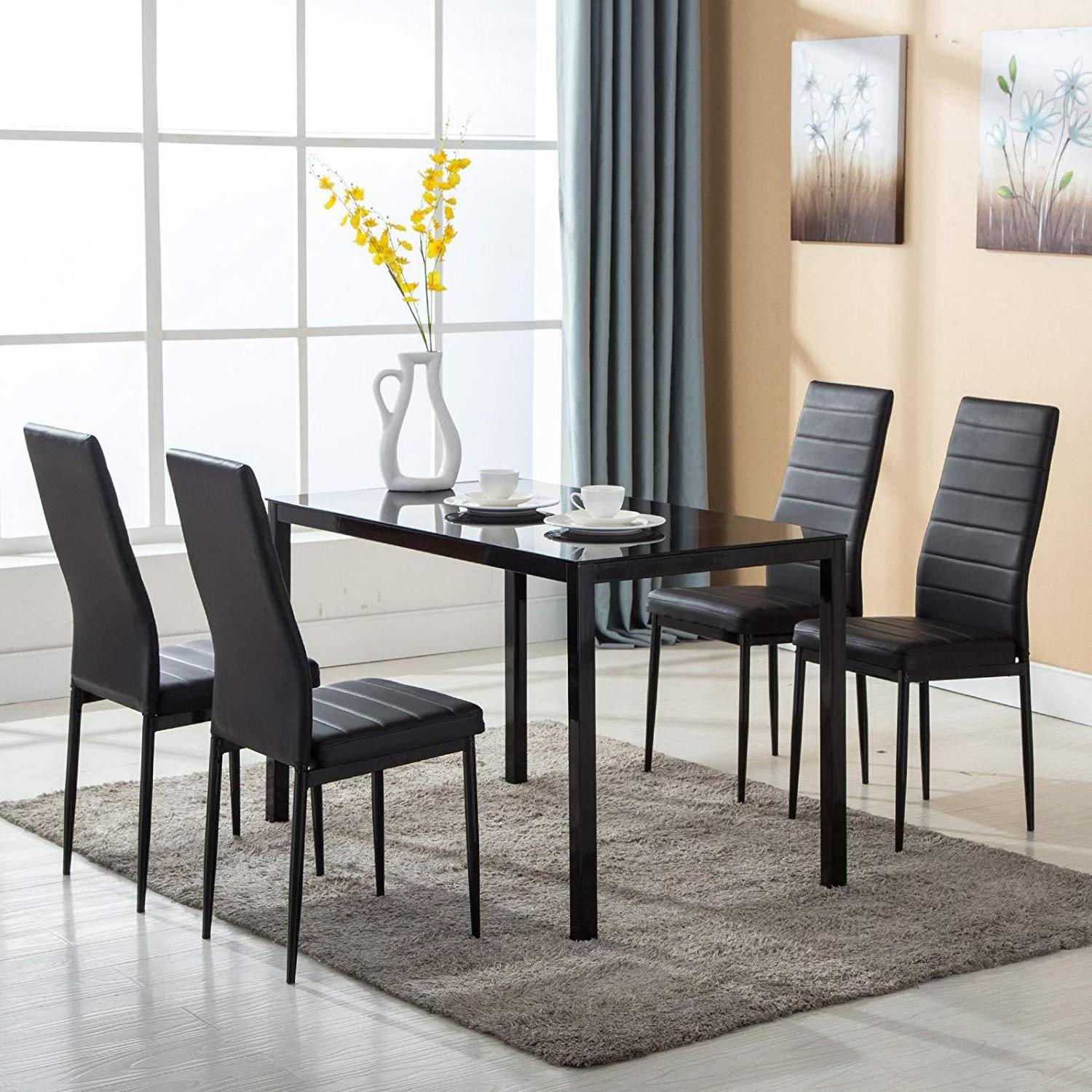 Good Quality Glass Top Banquet Dining Table and Chairs Set Modern Black 6 Seats Solid Kitchen Table for Dining Room Set