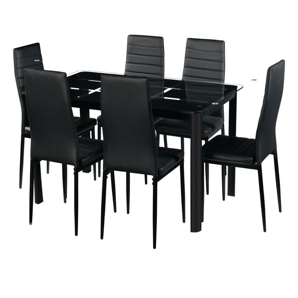 Good Quality Glass Top Banquet Dining Table and Chairs Set Modern Black 6 Seats Solid Kitchen Table for Dining Room Set