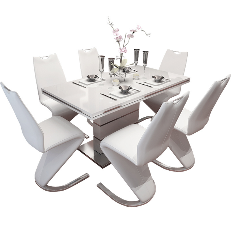 Nordic style dining tables and chairs set for dining room modern Tempered glass extending square dining table set 6 chairs