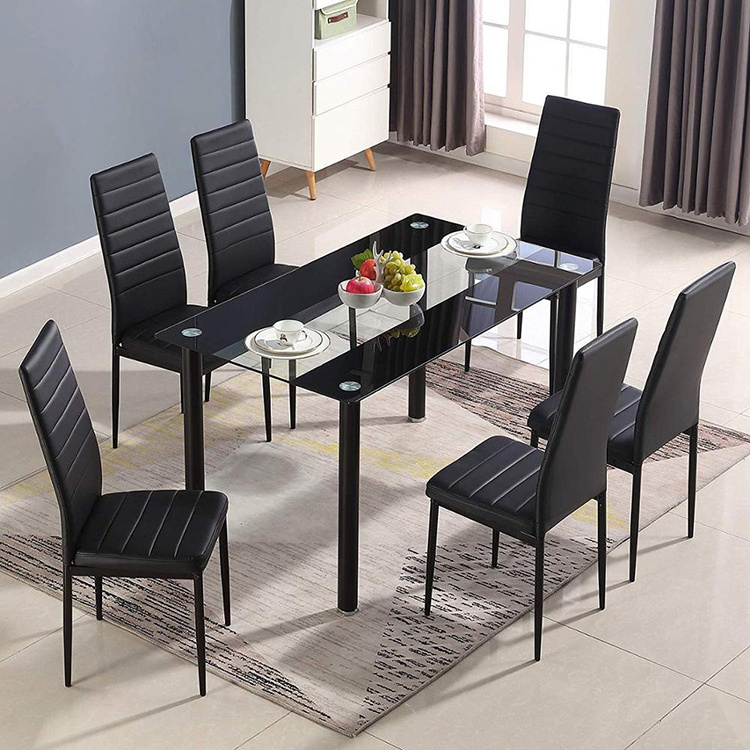 Good Quality Glass Top Banquet Dining Table and Chairs Set Modern Black 6 Seats Solid Kitchen Table for Dining Room Set