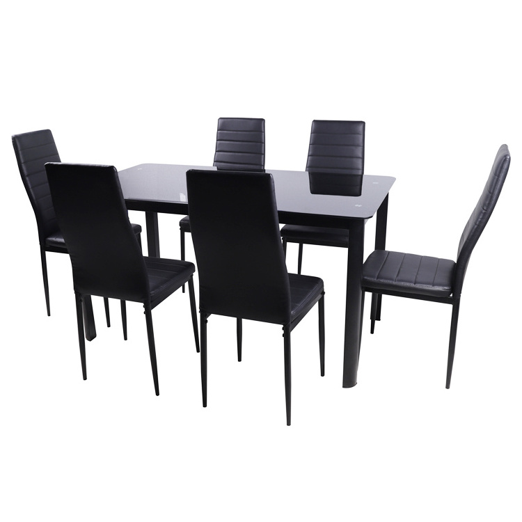 Modern High Quality Dining Room Table Metal Leg Rectangular Square Black Tempered Glass Top Dining Table Set 4 Chairs