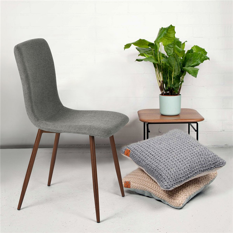 Nordic style modern restaurant metal grey fabric linen stacking dining chair with wood grain legs