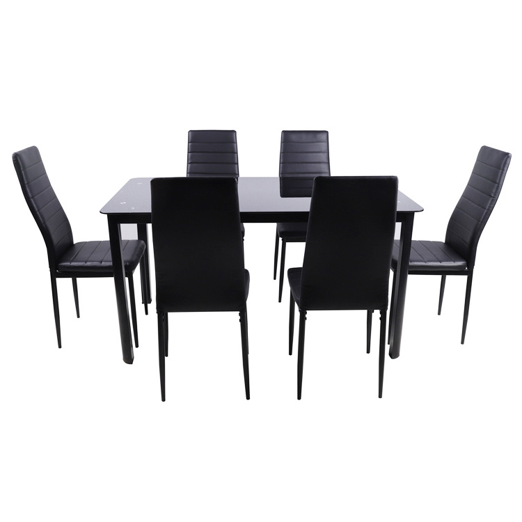 Modern High Quality Dining Room Table Metal Leg Rectangular Square Black Tempered Glass Top Dining Table Set 4 Chairs