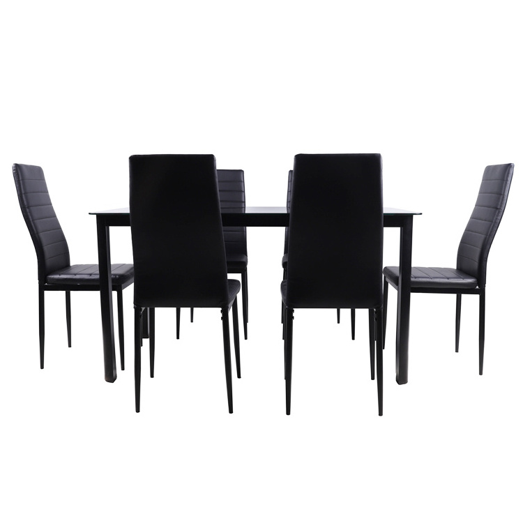 Modern High Quality Dining Room Table Metal Leg Rectangular Square Black Tempered Glass Top Dining Table Set 4 Chairs