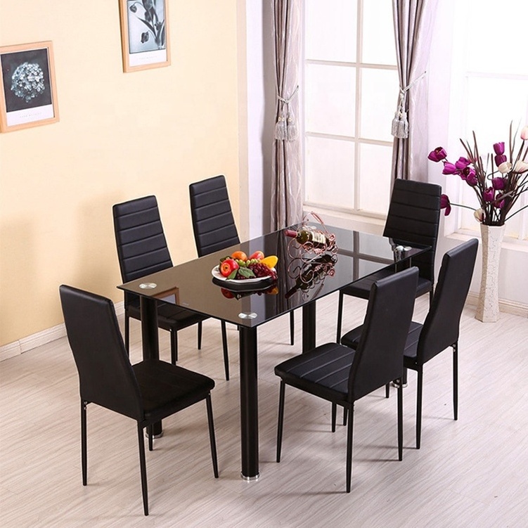 Good Quality Glass Top Banquet Dining Table and Chairs Set Modern Black 6 Seats Solid Kitchen Table for Dining Room Set