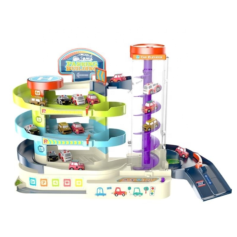 2 in 1 Electric 3 Storey Parking Building Elevator Light  Sound Educational Toy Vehicle Puzzle Car Track Playsets for Toddlers