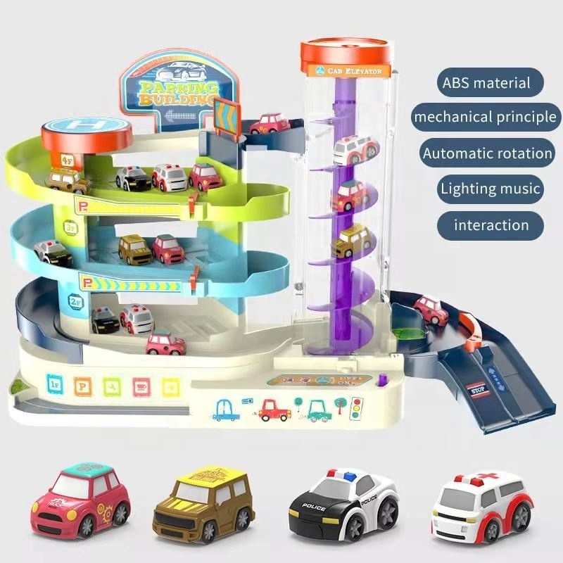 2 in 1 Electric 3 Storey Parking Building Elevator Light  Sound Educational Toy Vehicle Puzzle Car Track Playsets for Toddlers