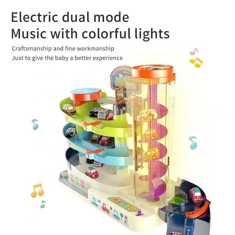 2 in 1 Electric 3 Storey Parking Building Elevator Light  Sound Educational Toy Vehicle Puzzle Car Track Playsets for Toddlers