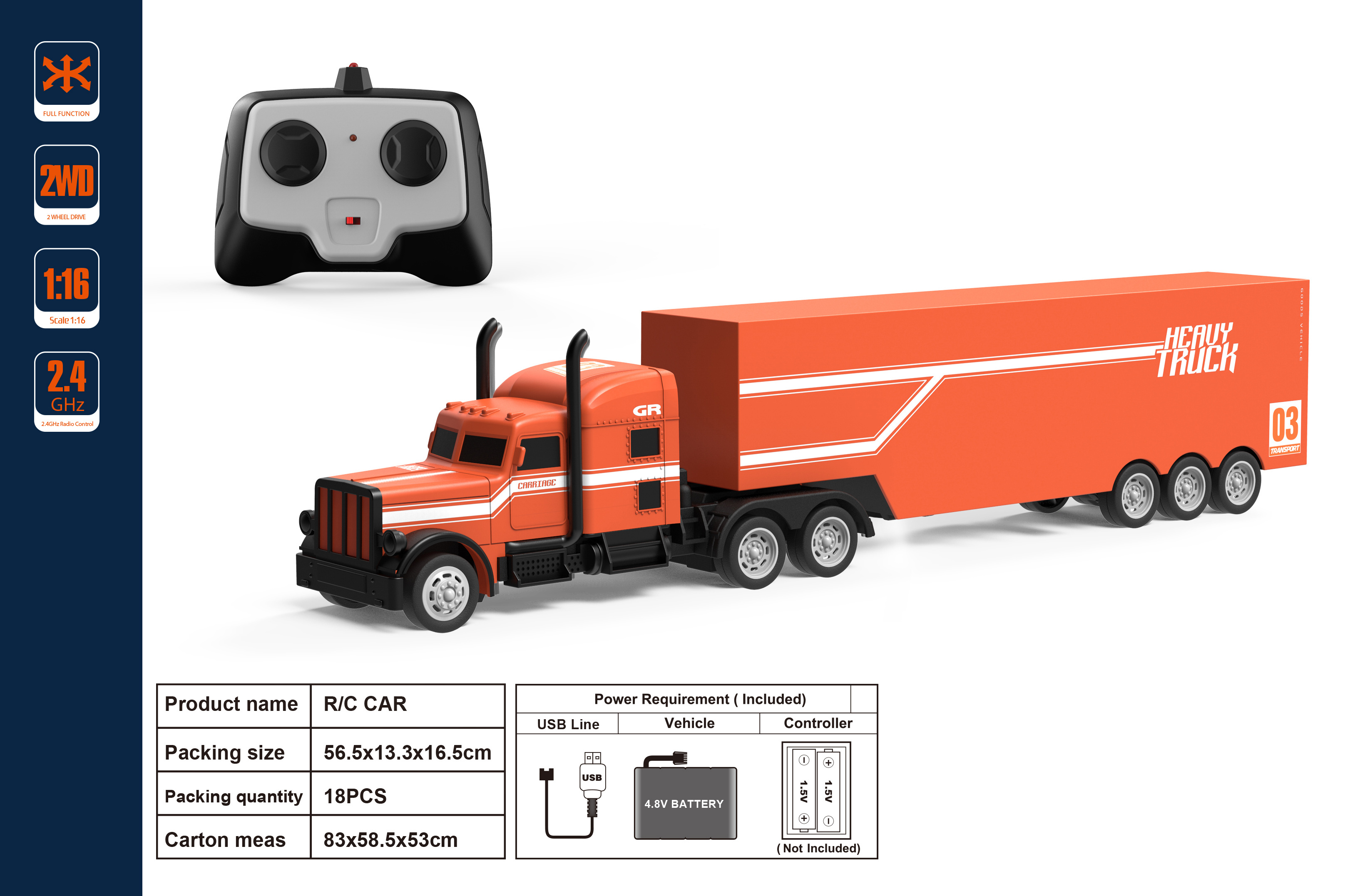 DWI RC Container Truck with 1/16 2.4G 4channeal 2WD  New Item Radio Control Tractor trailer