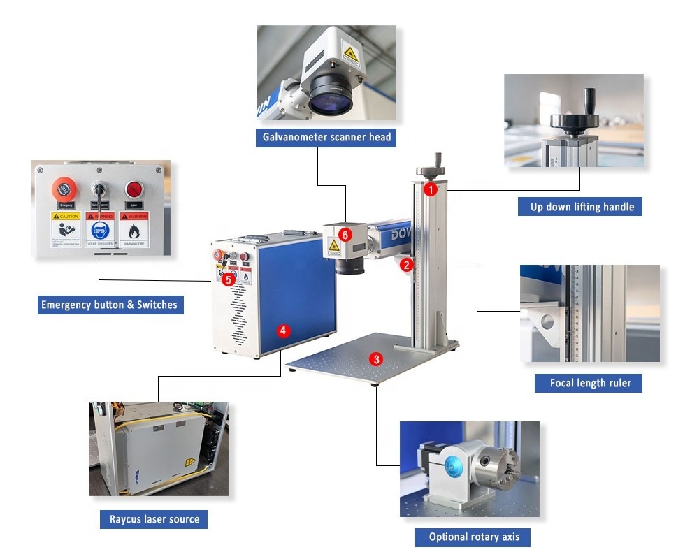 Raycus JPT MOPA 50W/100W Deep Metal Laser Engraving Machine Portable Raycus Bearing Rotary Fiber Jewelry Marking Galvo EZCAD