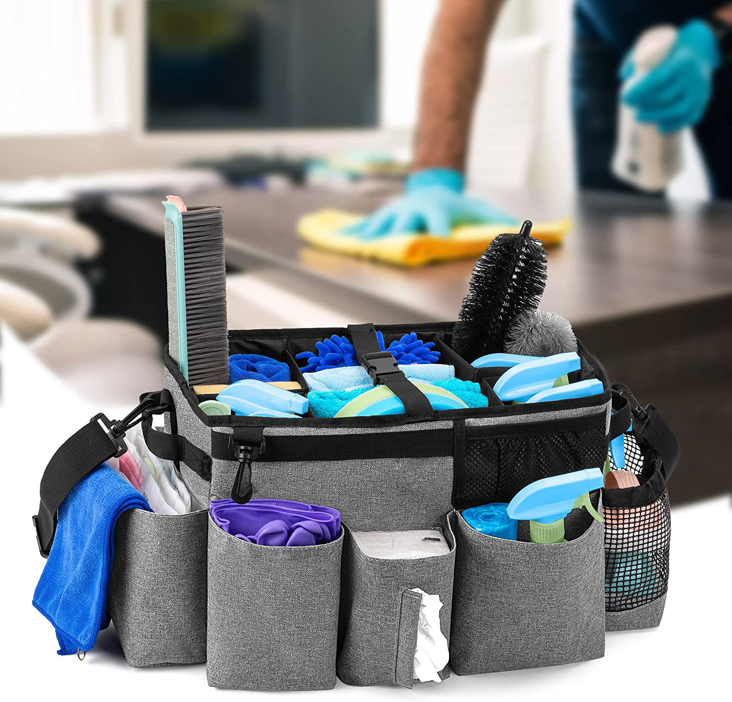 Custom Cleaning Caddy Tote Bag for Cleaning Supplies with 4 Foldable Dividers Housekeeping Bag