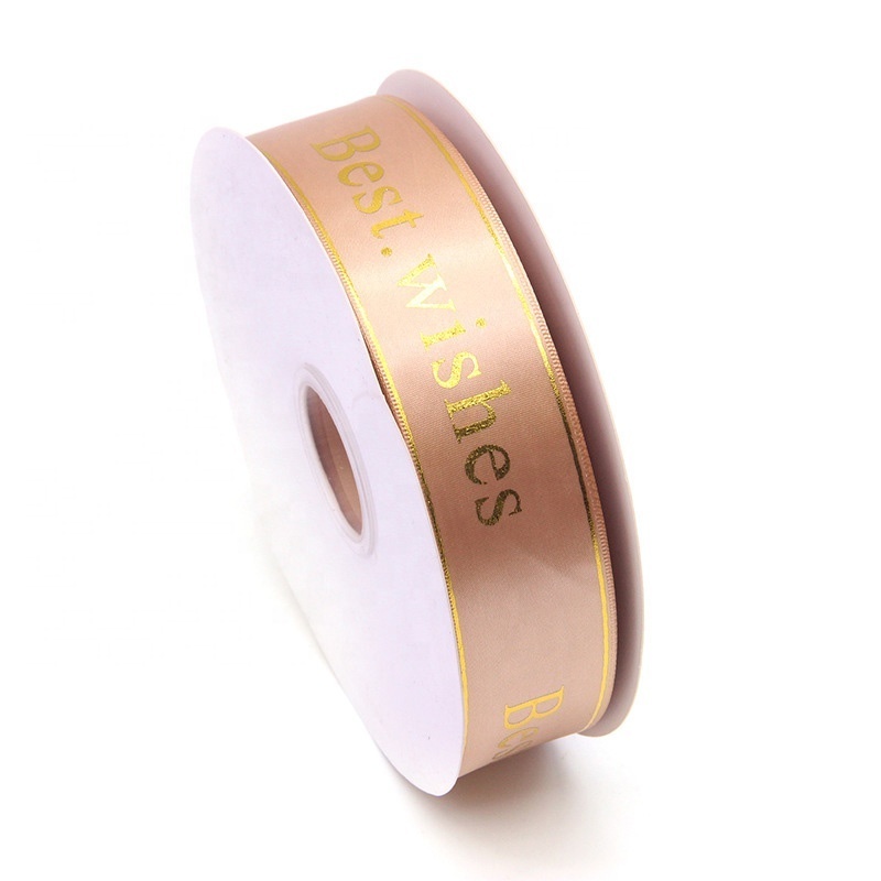 Wholesale Custom Logo Polyester Gold Foil Cintas Satin Ribbon for Packing Decoration