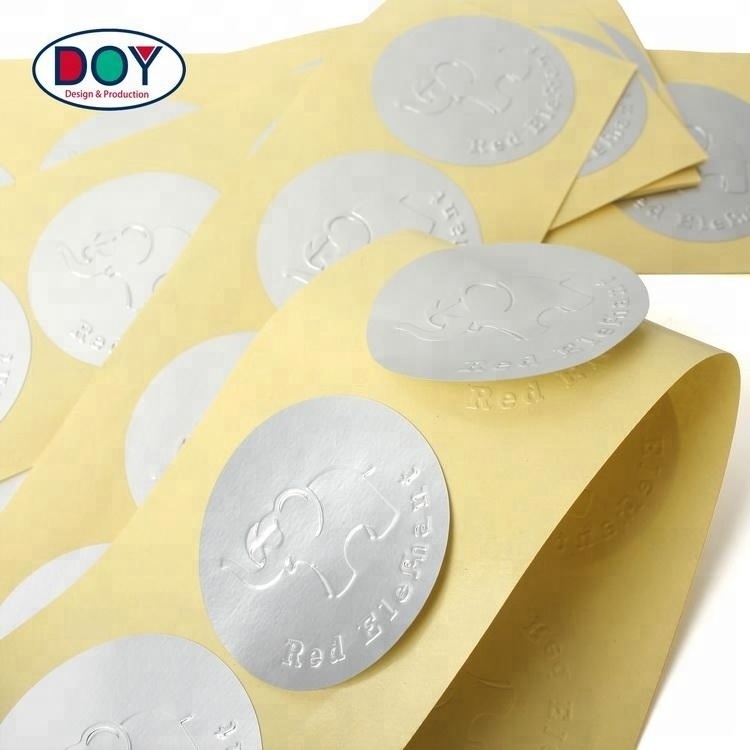 OEM Supplier Custom Adhesive Die Cut 3D Raised Lovely Embossed Logo Matte Silver Foil Label Stickers