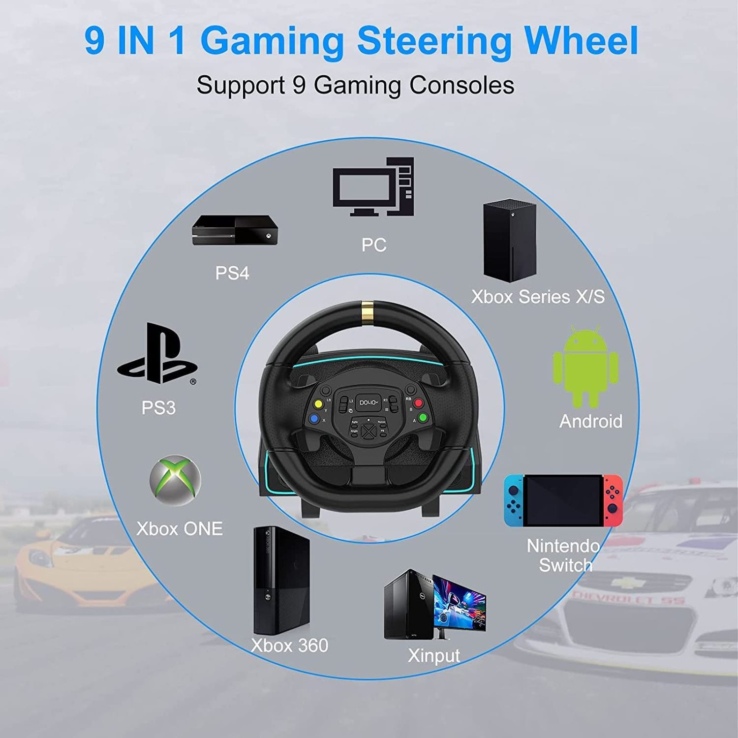 New Product BEST PS4 9-In-1 Gaming wheel Set 1080 Degree Car Wheel with pedals and Gear shifter for Xbox, ps4, switch, pc