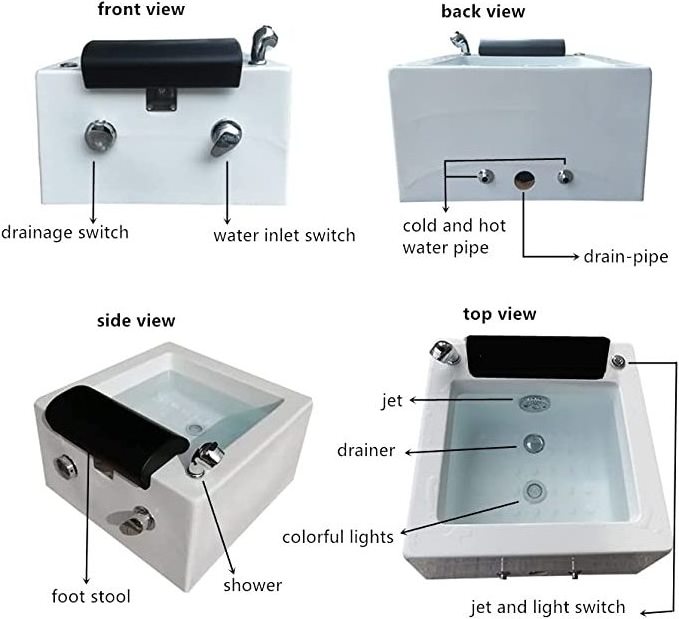 Hot Selling Acrylic Non-friable Square Sink Foot Massage Pedicure Bowl For Pedicure Chair Coloured Light  Jet Beauty Foot Spa