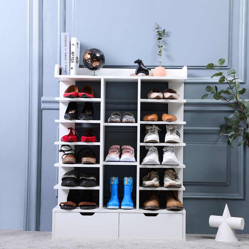 Multifunctional Wooden Shoe Rack Display with Drawer White Storage Shelf