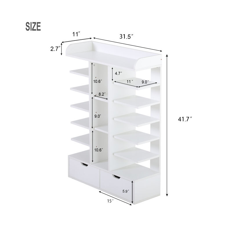 Multifunctional Wooden Shoe Rack Display with Drawer White Storage Shelf