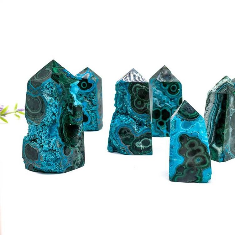 Wholesale high quality Natural chrysocolla points polished malachite tower mix green crystal wands for decoration