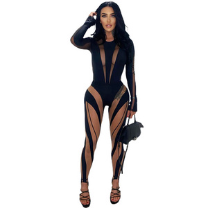 2022 Summer Long Sleeve Sexy Mesh Perspective Stitching Bodycon Nightclub Suit Jumpsuits Women