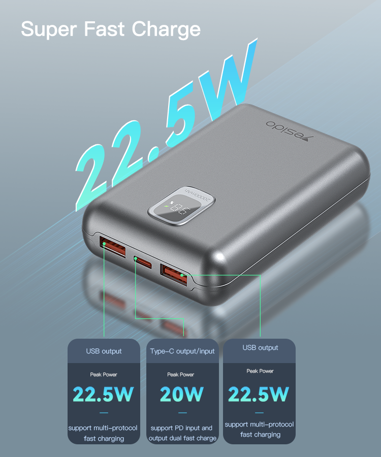 Yesido YP47 20000mah 22.5W PD20W Fast Charge LED Digital Display Power Bank