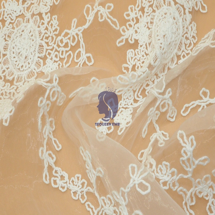 100% polyester knitted white flowers guipure embroidery lace mesh fabric for bridal wedding dress Veil