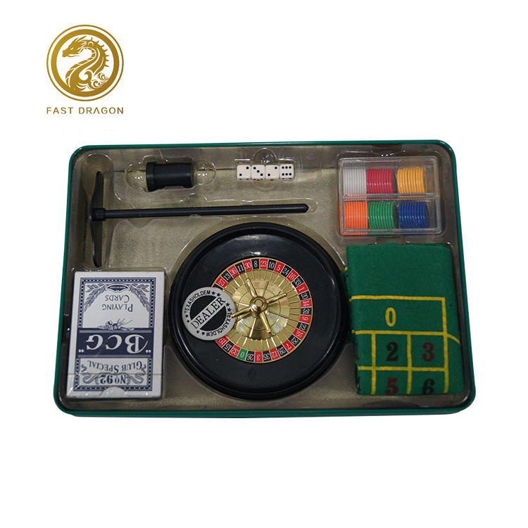 5 in 1 Casino game set with 60pcs Poker Chips Felt Mat Dice Playing Cards Groupier Stick 6 inch turntable Manual Roulette