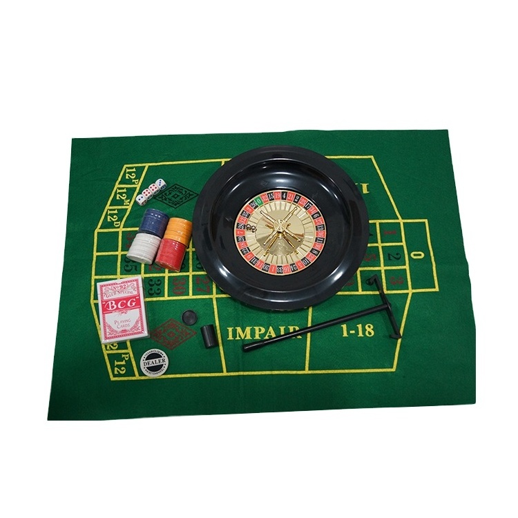 5 in 1 Casino game set with 60pcs Poker Chips Felt Mat Dice Playing Cards Groupier Stick 6 inch turntable Manual Roulette