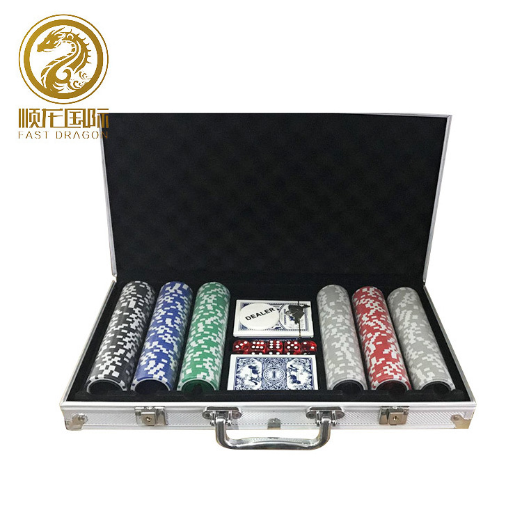 300pcs 1 aluminum case+1 dealer chip 2 playing cards 5 red dice Poker Chips Set