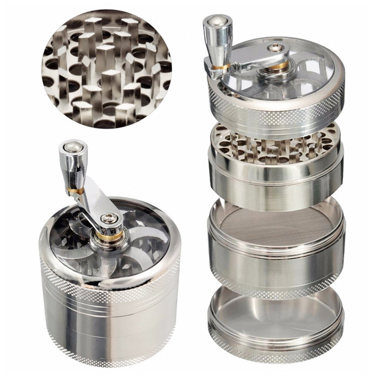 Custom Hand Crank Herb Grinder 40mm 50mm 55mm 63mm Smoking Accessories Zinc Alloy 4 Layers Tobacco Grinder