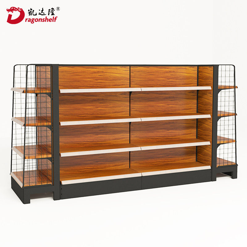 Dragonshelf Deep Double-side Wood Grain Supermarket Gondola Shelving used to Retail Shop