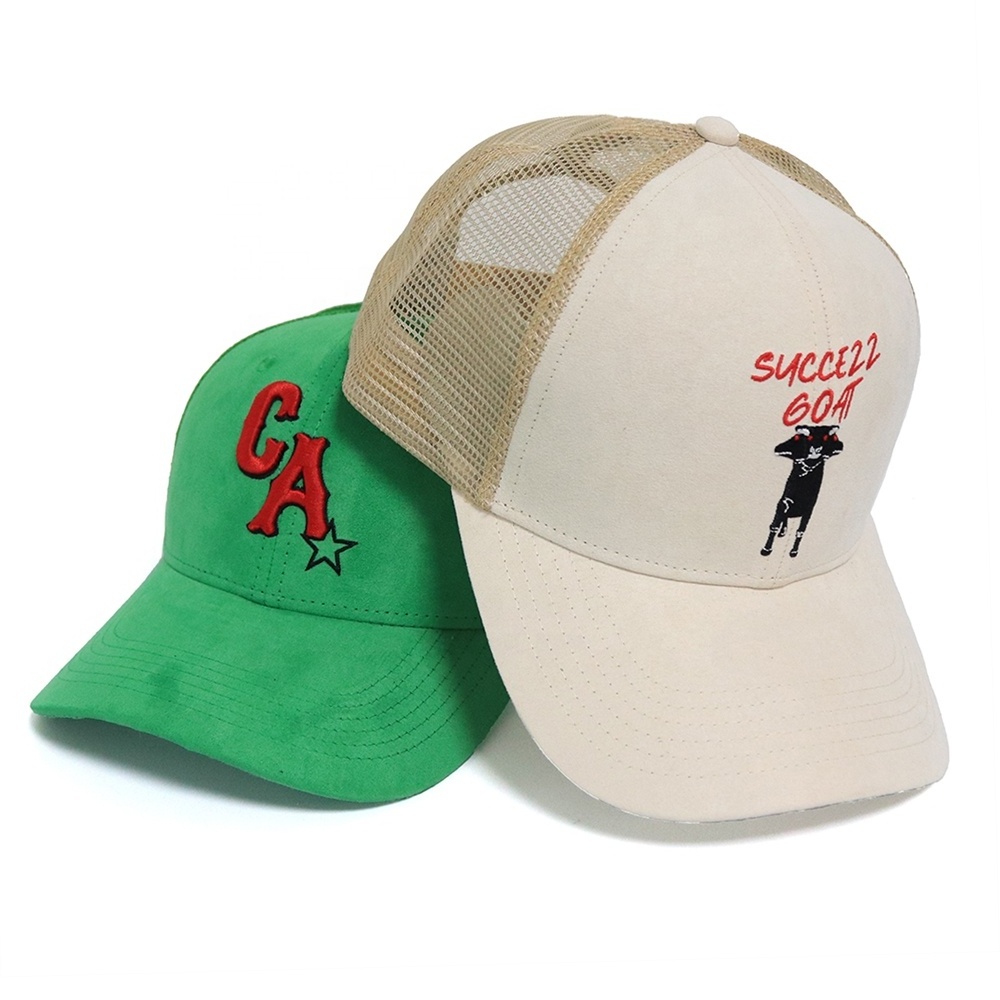 customized suede trucker cap with custom embroidery logo 6 panel suede mesh cap for wholesale outdoor style