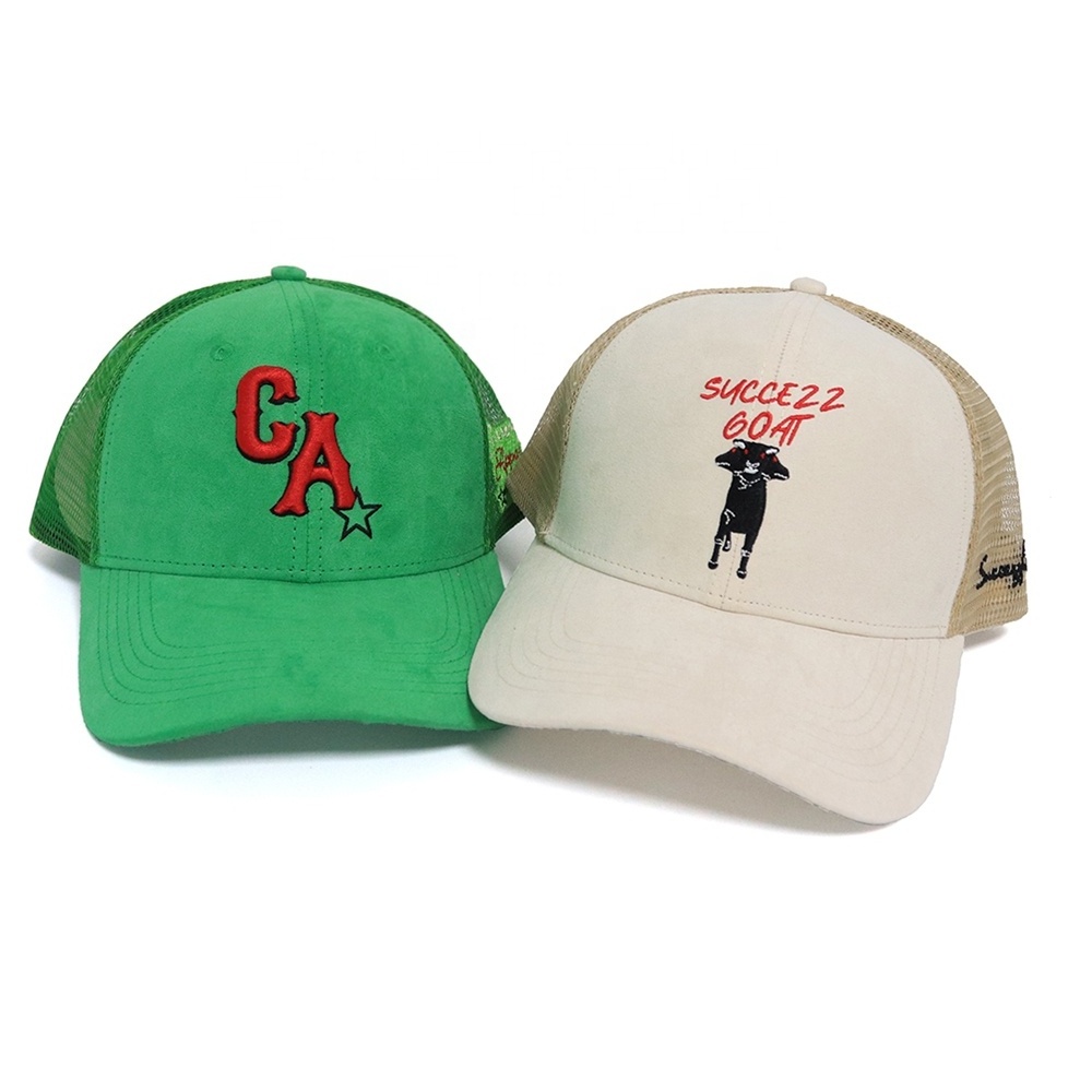 customized suede trucker cap with custom embroidery logo 6 panel suede mesh cap for wholesale outdoor style