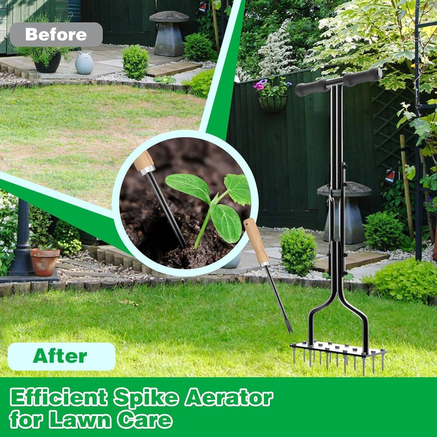 Lawn Aerator Tool Metal Spike Aerator Efficient Manual Dethatching & Soil Aerating Pre-Assembled Garden Tool