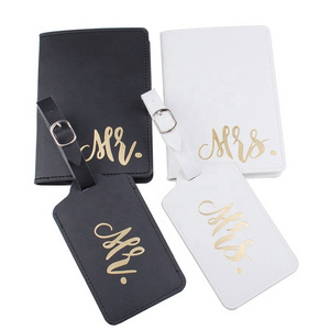 Mr and Mrs Passport Covers and Luggage Tags Gift Set Honeymoon Embroidery Travel Luggage Tags Passport Cover for Wedding Bridal