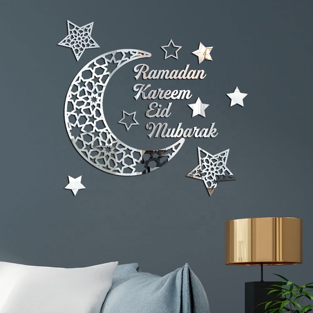 New Design 3D Self Adhesive Muslim Ramadan Eid Festival Wall Sticker Moon Star Acrylic Mirror wall Sticker